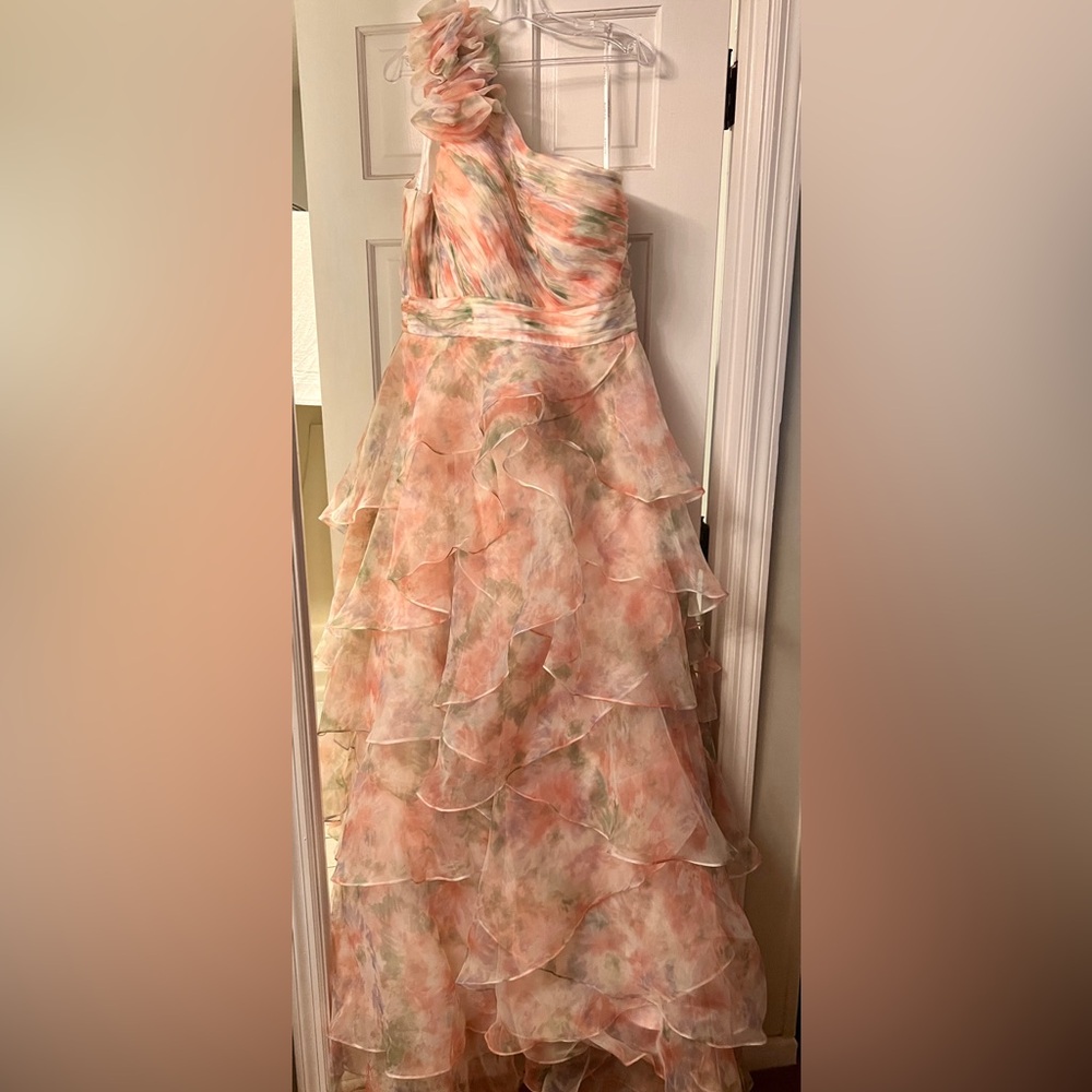 Jovani Strapless Pink and Green Layered Dress